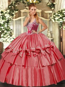 Graceful Straps Sleeveless Lace Up 15th Birthday Dress Coral Red Organza and Taffeta