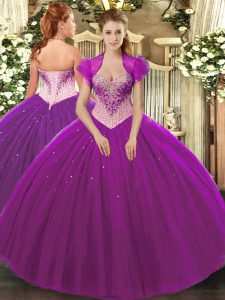 Deluxe Eggplant Purple Lace Up Sweetheart Beading 15 Quinceanera Dress Tulle Sleeveless