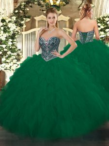 Sumptuous Dark Green Lace Up 15 Quinceanera Dress Beading and Ruffles Sleeveless Floor Length