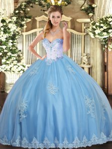 Aqua Blue Lace Up Sweetheart Beading and Appliques Quinceanera Gown Tulle Sleeveless