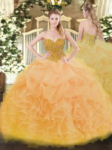 Beading and Ruffles Quinceanera Dresses Gold Lace Up Sleeveless Floor Length