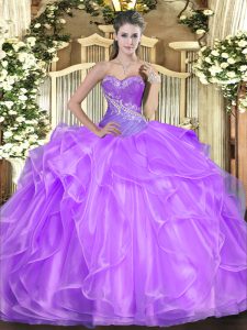 Sweetheart Sleeveless Organza Vestidos de Quinceanera Beading and Ruffles Lace Up