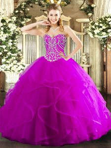 Sleeveless Tulle Floor Length Lace Up Quince Ball Gowns in Fuchsia with Beading and Ruffles