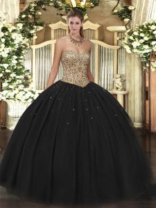 Admirable Black Tulle Lace Up 15th Birthday Dress Sleeveless Floor Length Beading