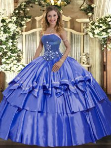 Inexpensive Sleeveless Organza and Taffeta Floor Length Lace Up Ball Gown Prom Dress in Blue with Beading and Ruffled Layers