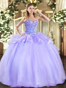 Exceptional Lavender Organza and Tulle Lace Up Sweetheart Sleeveless Floor Length Sweet 16 Dresses Embroidery