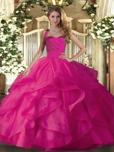 Unique Hot Pink Sleeveless Floor Length Ruffles Lace Up 15 Quinceanera Dress