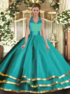 Nice Turquoise Sleeveless Tulle Lace Up Sweet 16 Quinceanera Dress for Military Ball and Sweet 16 and Quinceanera