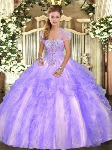 Lavender Tulle Lace Up Quinceanera Gown Sleeveless Floor Length Appliques and Ruffles