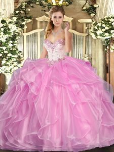 Enchanting Sweetheart Sleeveless Lace Up Vestidos de Quinceanera Rose Pink Organza