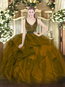Lovely Sleeveless Floor Length Beading and Ruffles Zipper Sweet 16 Dresses with Brown
