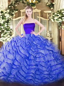 Modest Zipper Quinceanera Gown Blue for Military Ball and Sweet 16 and Quinceanera with Ruffles Brush Train