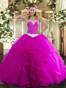 Fitting Floor Length Fuchsia Vestidos de Quinceanera Tulle Sleeveless Appliques and Ruffles