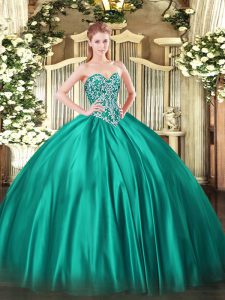 Suitable Sleeveless Satin Floor Length Lace Up Quinceanera Gowns in Turquoise with Beading