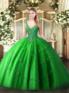 Sophisticated Floor Length Green Sweet 16 Dresses Tulle Sleeveless Beading and Appliques