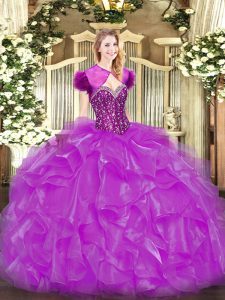 Affordable Floor Length Lace Up Sweet 16 Quinceanera Dress Fuchsia for Military Ball and Sweet 16 and Quinceanera with Beading and Ruffles