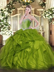 Elegant Olive Green Ball Gowns Beading and Ruffles Quinceanera Gowns Lace Up Organza Sleeveless Floor Length