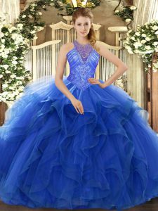 Superior High-neck Sleeveless Lace Up Quinceanera Gown Blue Organza