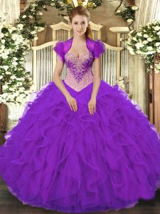 V-neck Sleeveless 15 Quinceanera Dress Floor Length Beading and Ruffles Purple Organza
