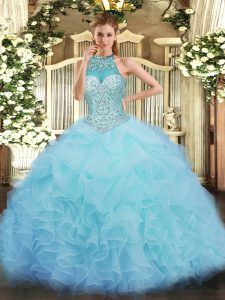 Fantastic Sleeveless Organza Floor Length Lace Up Sweet 16 Dress in Aqua Blue with Beading and Ruffles and Pick Ups