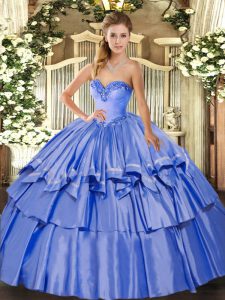 Cute Sleeveless Floor Length Beading and Ruffled Layers Lace Up Sweet 16 Dress with Blue