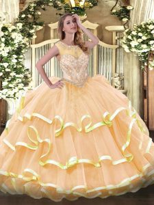 Sweet Peach Sleeveless Organza Zipper Sweet 16 Quinceanera Dress for Prom and Sweet 16 and Quinceanera