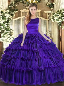 Discount Purple Ball Gowns Ruffled Layers Vestidos de Quinceanera Lace Up Organza Sleeveless Floor Length
