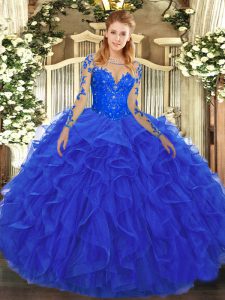 Nice Royal Blue Lace Up Quinceanera Gowns Lace and Ruffles Long Sleeves Floor Length