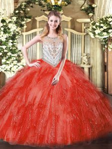 Extravagant Coral Red Ball Gowns Beading and Ruffles Quinceanera Gown Zipper Tulle Sleeveless Floor Length