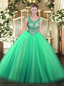 Turquoise Tulle Lace Up Scoop Sleeveless Floor Length Quinceanera Gown Beading