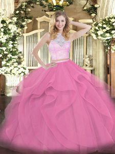 Low Price Rose Pink Two Pieces Lace and Ruffles Quinceanera Gown Zipper Tulle Sleeveless Floor Length