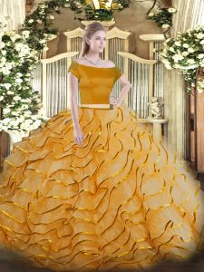 Short Sleeves Tulle Brush Train Zipper Sweet 16 Dresses in Orange with Appliques and Ruffled Layers