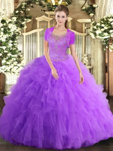 Ball Gowns Quinceanera Gown Lavender Scoop Tulle Sleeveless Floor Length Clasp Handle