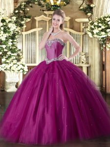 Fuchsia Lace Up Quinceanera Gown Beading Sleeveless Floor Length