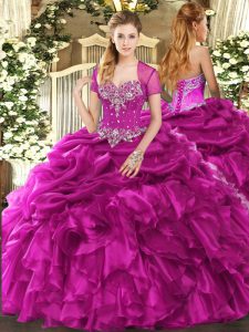 Fuchsia Sweetheart Neckline Beading and Ruffles and Pick Ups Sweet 16 Quinceanera Dress Sleeveless Lace Up