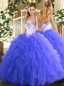 Pretty Sleeveless Floor Length Beading and Ruffles Lace Up Quinceanera Gowns with Blue