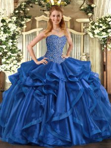Blue Quinceanera Gown Military Ball and Sweet 16 and Quinceanera with Beading and Ruffles Sweetheart Sleeveless Lace Up