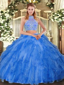 Great Two Pieces Sweet 16 Quinceanera Dress Teal Halter Top Tulle Sleeveless Floor Length Criss Cross