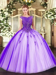 Dazzling Purple Tulle Zipper Sweet 16 Dress Sleeveless Floor Length Beading and Appliques