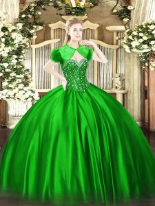 Low Price Green Satin Lace Up Quince Ball Gowns Sleeveless Floor Length Beading