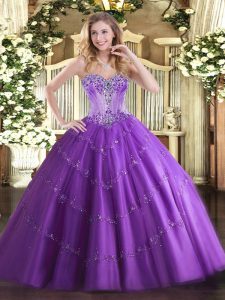 Discount Purple Ball Gowns Beading and Appliques Sweet 16 Quinceanera Dress Lace Up Tulle Sleeveless Floor Length