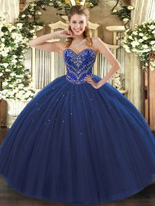 Ball Gowns Sweet 16 Dresses Navy Blue Sweetheart Tulle Sleeveless Floor Length Lace Up