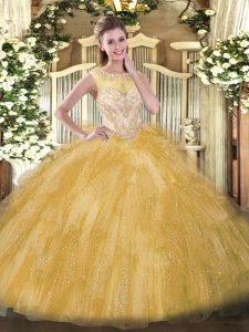 Extravagant Gold Quinceanera Gown Sweet 16 and Quinceanera with Beading and Ruffles Scoop Sleeveless Zipper