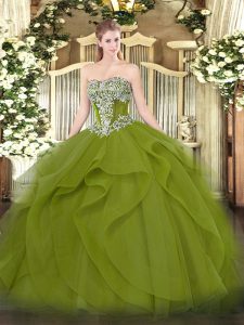 Comfortable Sleeveless Tulle Floor Length Lace Up Quinceanera Gowns in Olive Green with Beading and Ruffles