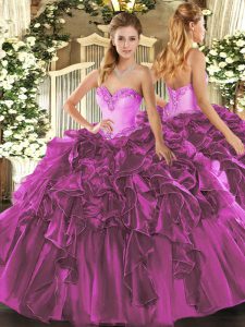 Organza Sweetheart Sleeveless Lace Up Beading and Ruffles Sweet 16 Quinceanera Dress in Fuchsia