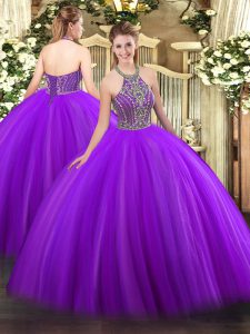 Chic Sleeveless Floor Length Beading Lace Up Quinceanera Gowns with Purple