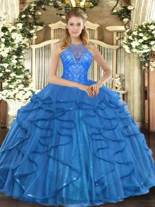 On Sale Teal 15th Birthday Dress Military Ball and Sweet 16 and Quinceanera with Beading and Ruffles High-neck Sleeveless Lace Up