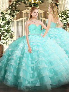 Floor Length Aqua Blue 15th Birthday Dress Sweetheart Sleeveless Zipper