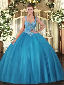 Fashionable Teal Ball Gowns Tulle Straps Sleeveless Beading Floor Length Lace Up Sweet 16 Dresses