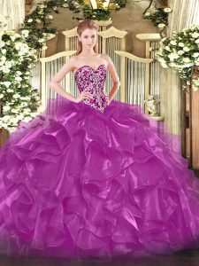 Fuchsia Sweetheart Lace Up Beading and Ruffles Quince Ball Gowns Sleeveless